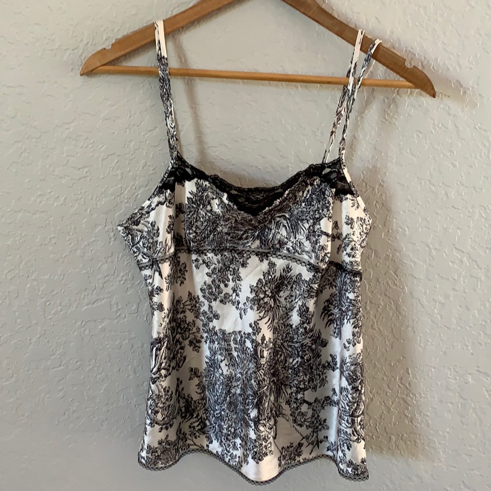 Victoria's Secret Silky Satin & Lace Camisole Sz M Black White Ivory Toile Print